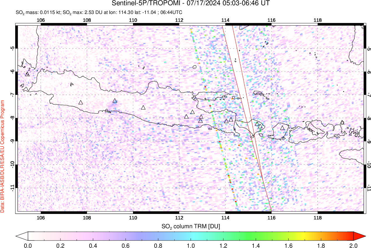 A sulfur dioxide image over Java, Indonesia on Jul 17, 2024.