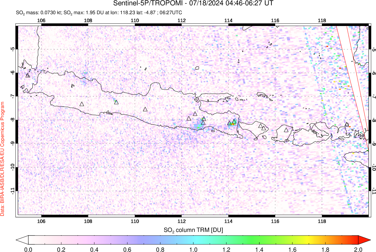 A sulfur dioxide image over Java, Indonesia on Jul 18, 2024.