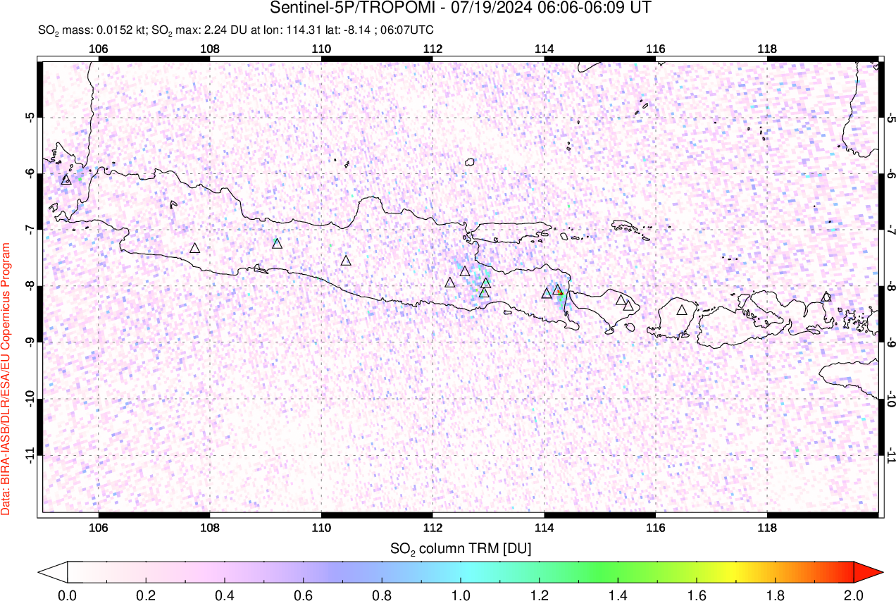 A sulfur dioxide image over Java, Indonesia on Jul 19, 2024.