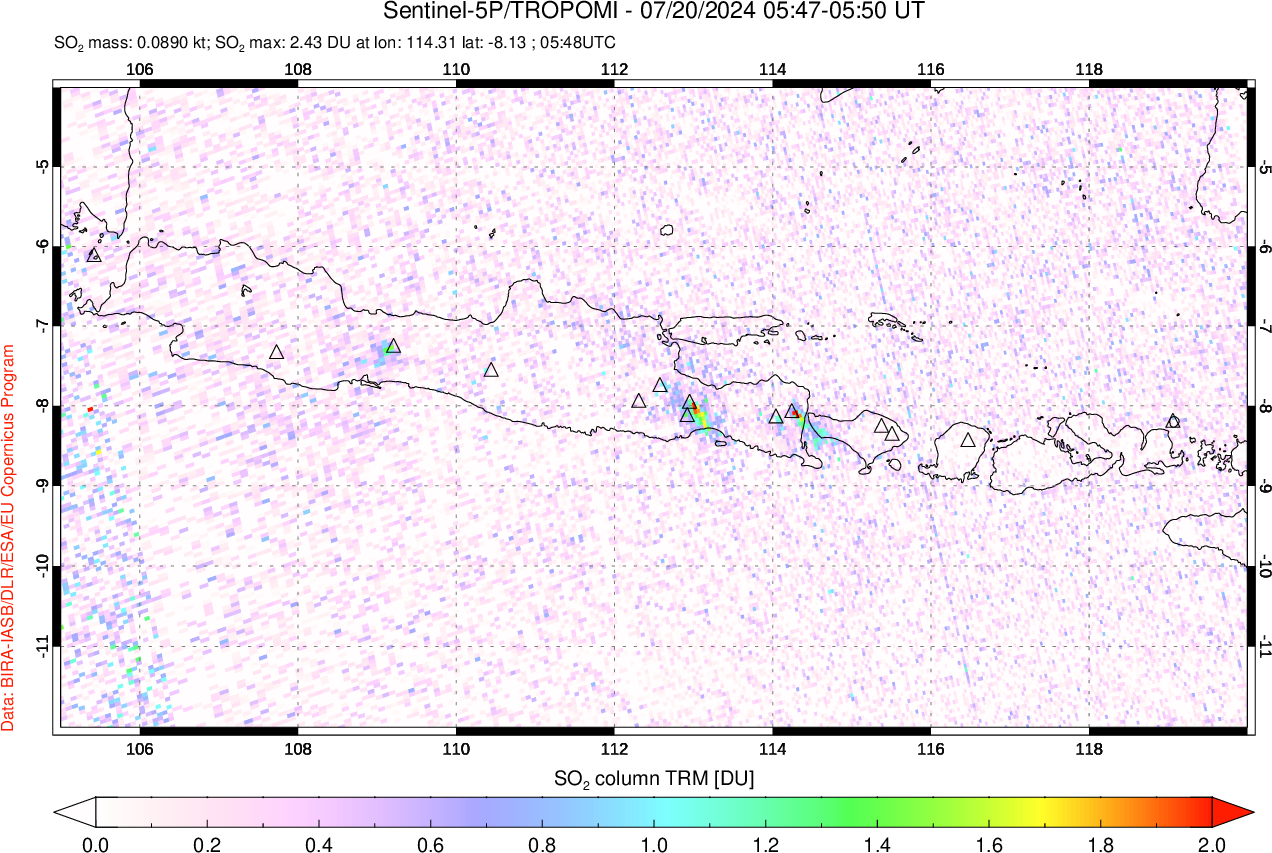 A sulfur dioxide image over Java, Indonesia on Jul 20, 2024.