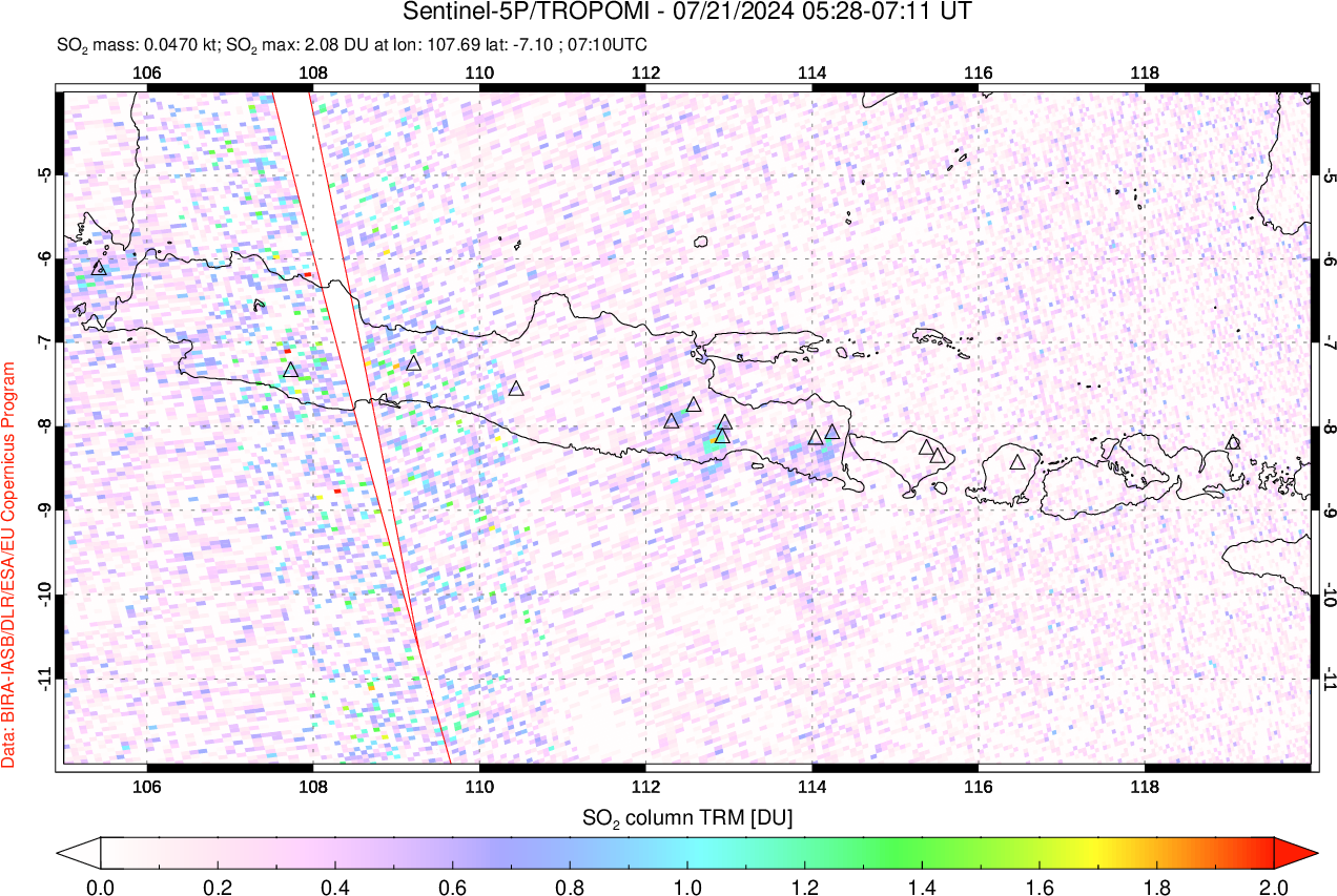 A sulfur dioxide image over Java, Indonesia on Jul 21, 2024.