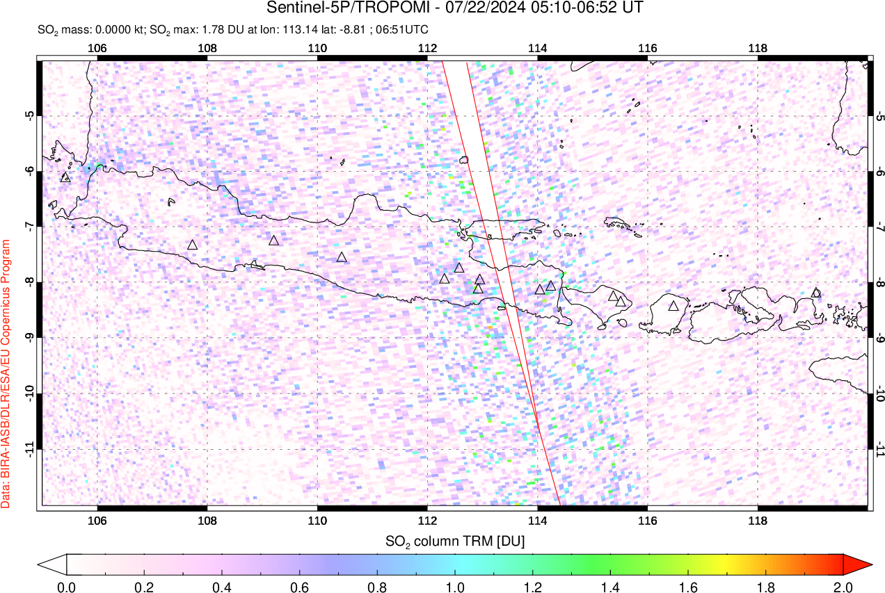 A sulfur dioxide image over Java, Indonesia on Jul 22, 2024.