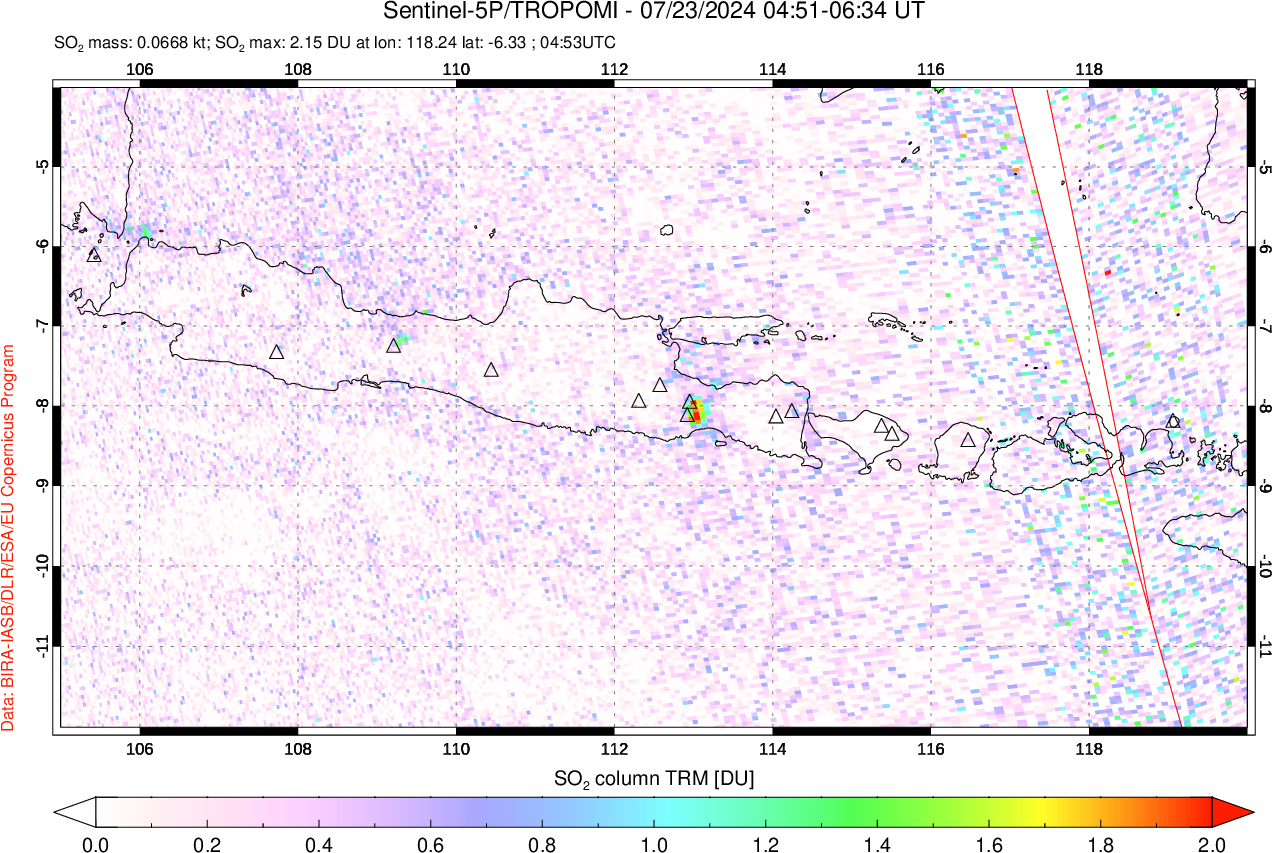 A sulfur dioxide image over Java, Indonesia on Jul 23, 2024.