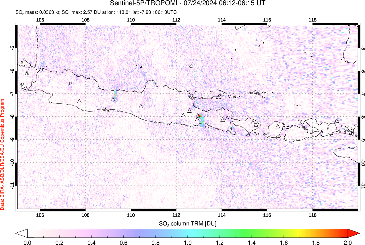 A sulfur dioxide image over Java, Indonesia on Jul 24, 2024.