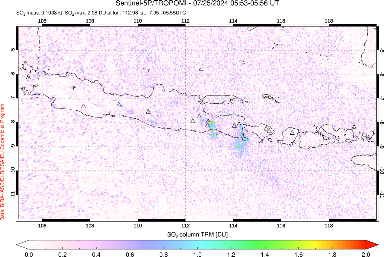 A sulfur dioxide image over Java, Indonesia on Jul 25, 2024.