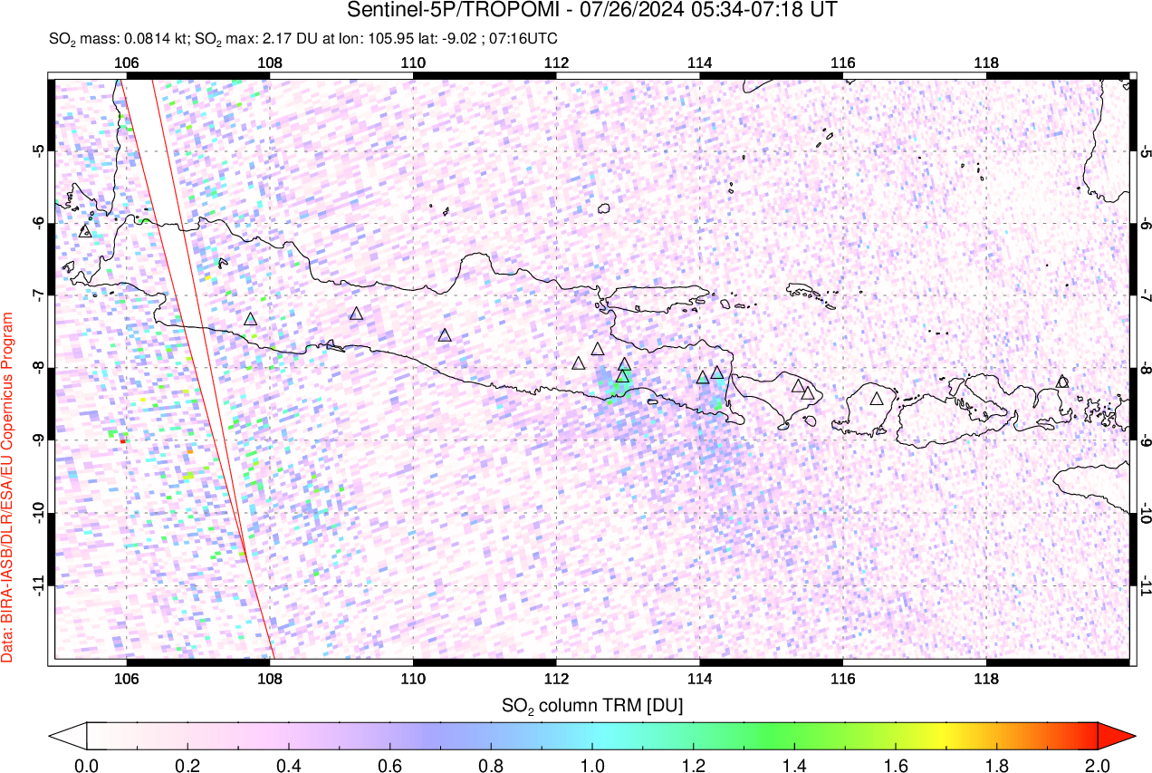 A sulfur dioxide image over Java, Indonesia on Jul 26, 2024.