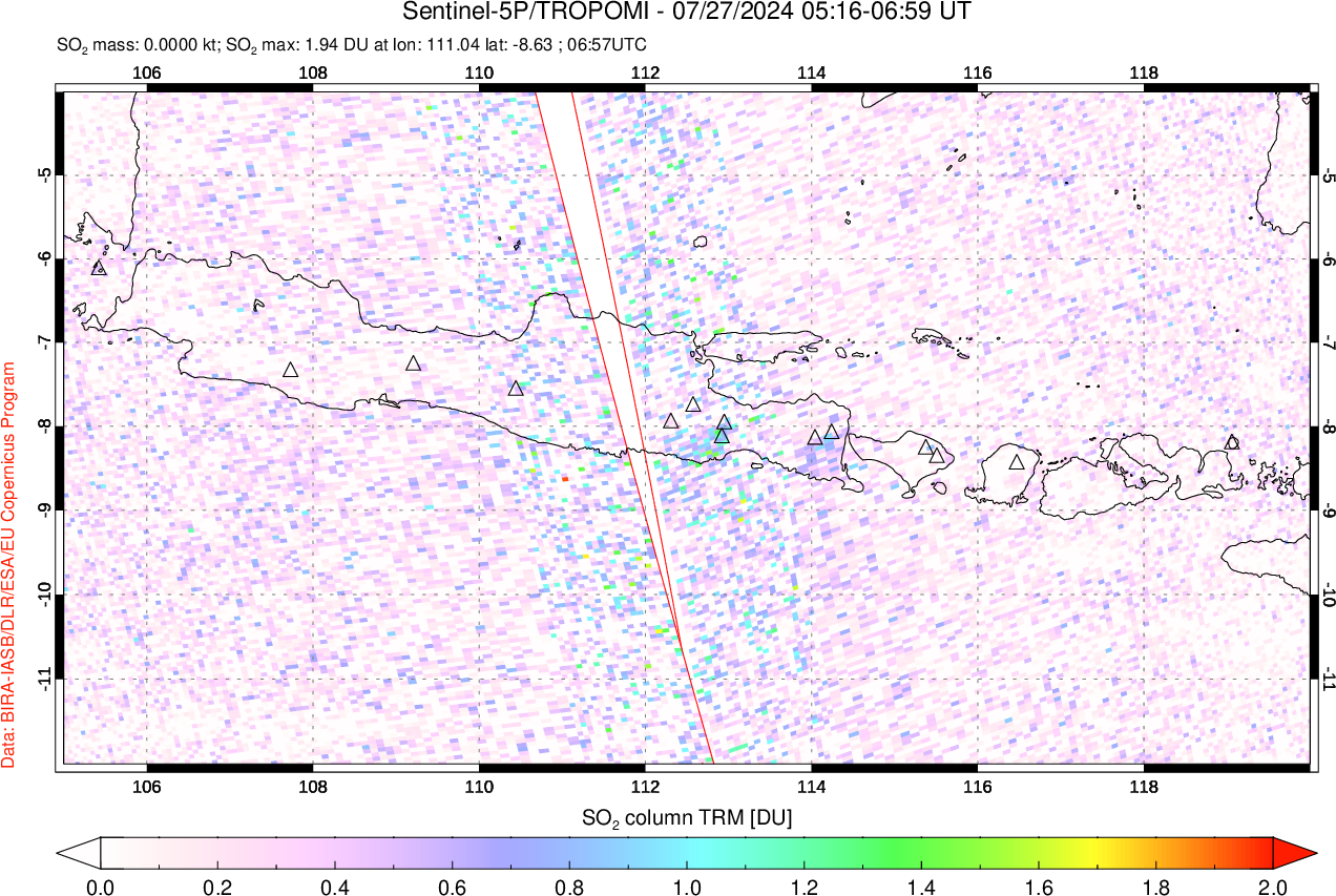 A sulfur dioxide image over Java, Indonesia on Jul 27, 2024.