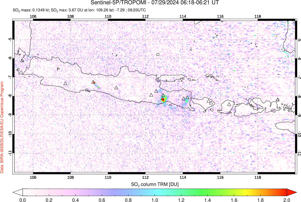 A sulfur dioxide image over Java, Indonesia on Jul 29, 2024.