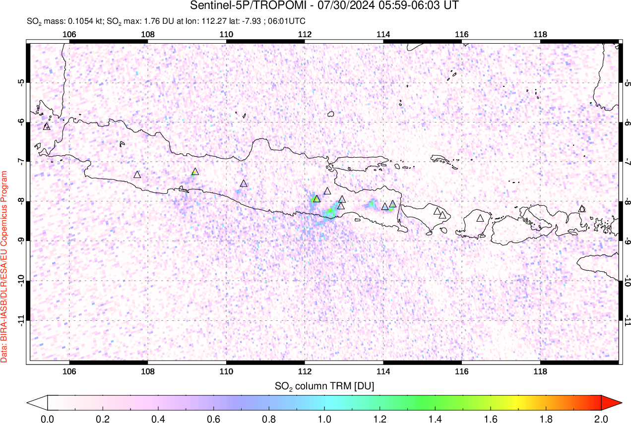 A sulfur dioxide image over Java, Indonesia on Jul 30, 2024.