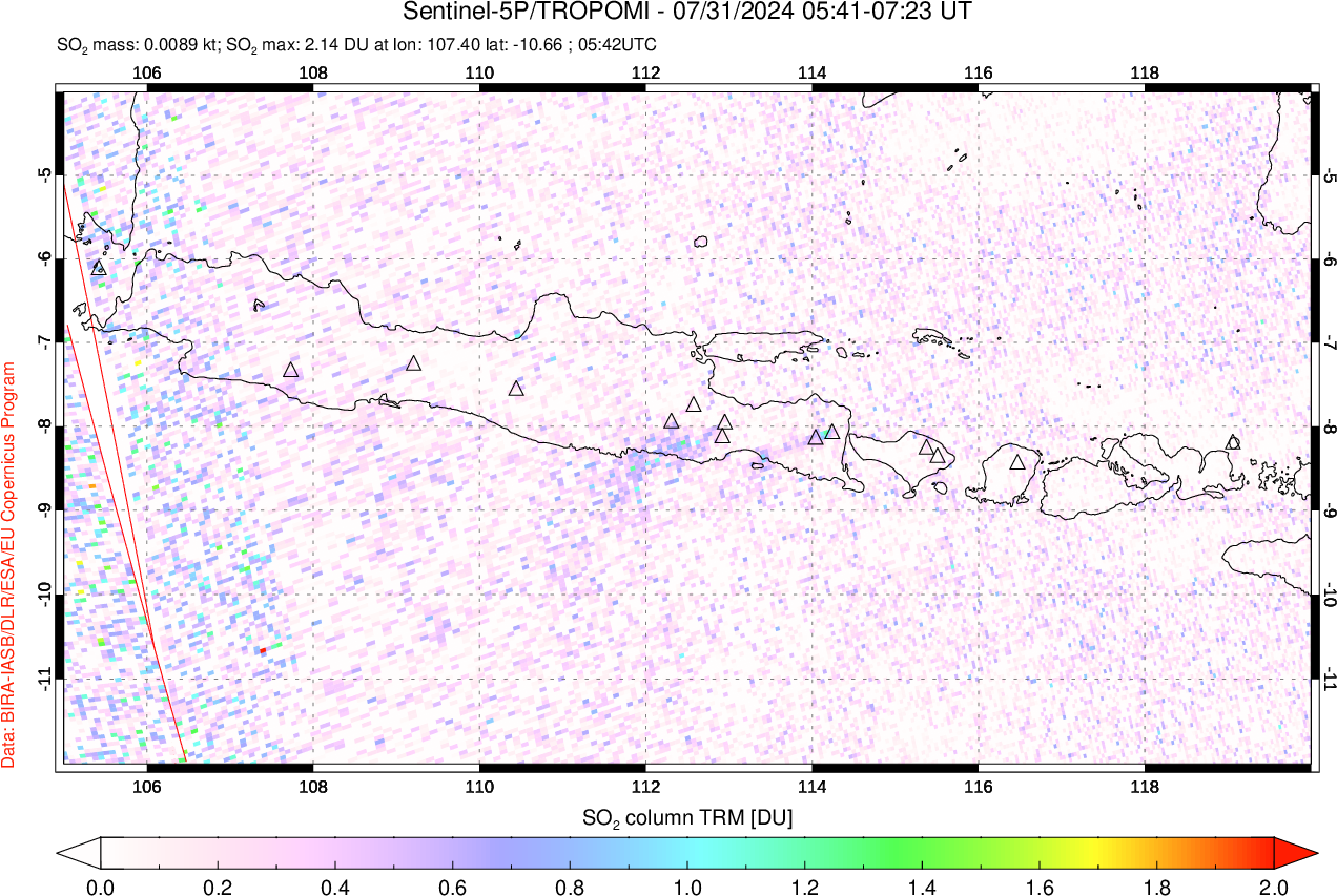 A sulfur dioxide image over Java, Indonesia on Jul 31, 2024.