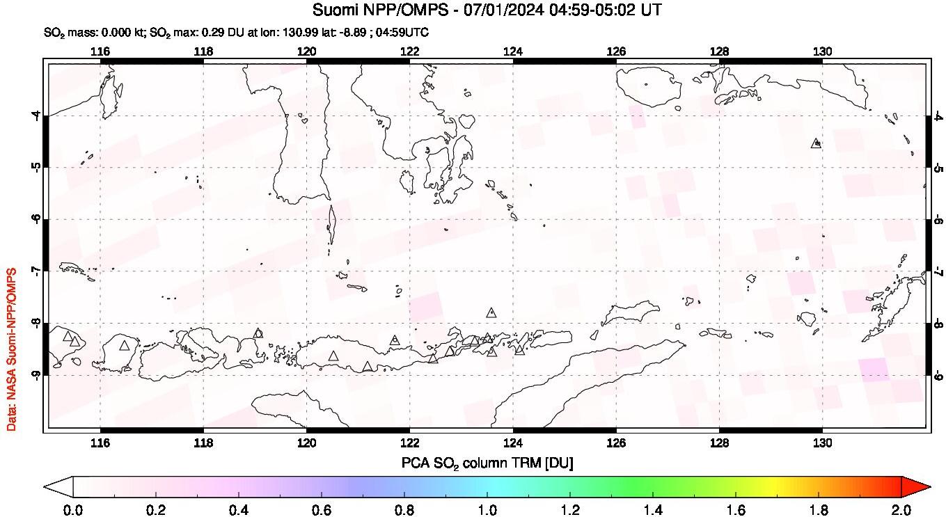 A sulfur dioxide image over Lesser Sunda Islands, Indonesia on Jul 01, 2024.