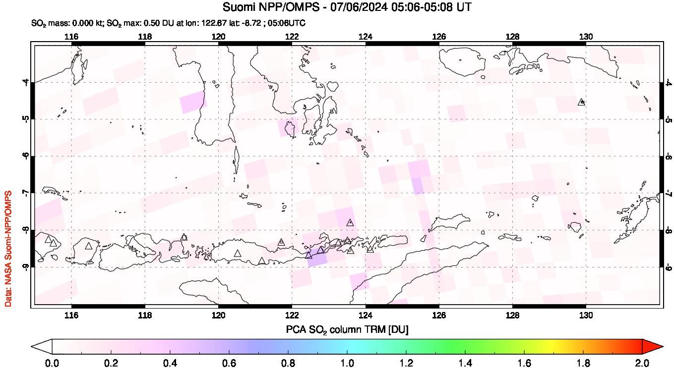 A sulfur dioxide image over Lesser Sunda Islands, Indonesia on Jul 06, 2024.