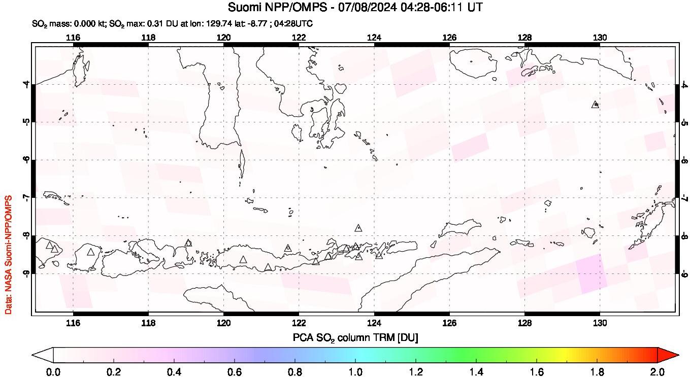 A sulfur dioxide image over Lesser Sunda Islands, Indonesia on Jul 08, 2024.