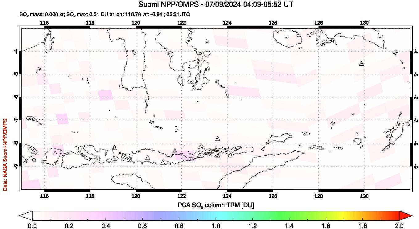 A sulfur dioxide image over Lesser Sunda Islands, Indonesia on Jul 09, 2024.