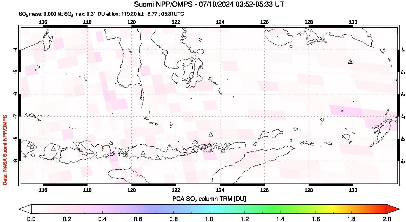 A sulfur dioxide image over Lesser Sunda Islands, Indonesia on Jul 10, 2024.