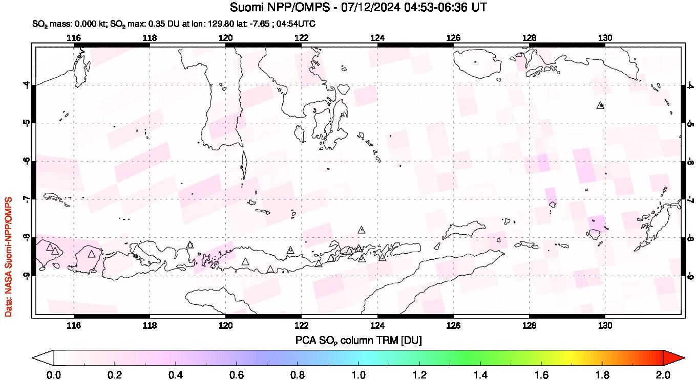 A sulfur dioxide image over Lesser Sunda Islands, Indonesia on Jul 12, 2024.