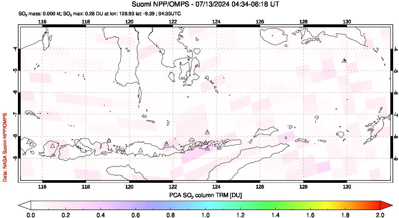 A sulfur dioxide image over Lesser Sunda Islands, Indonesia on Jul 13, 2024.