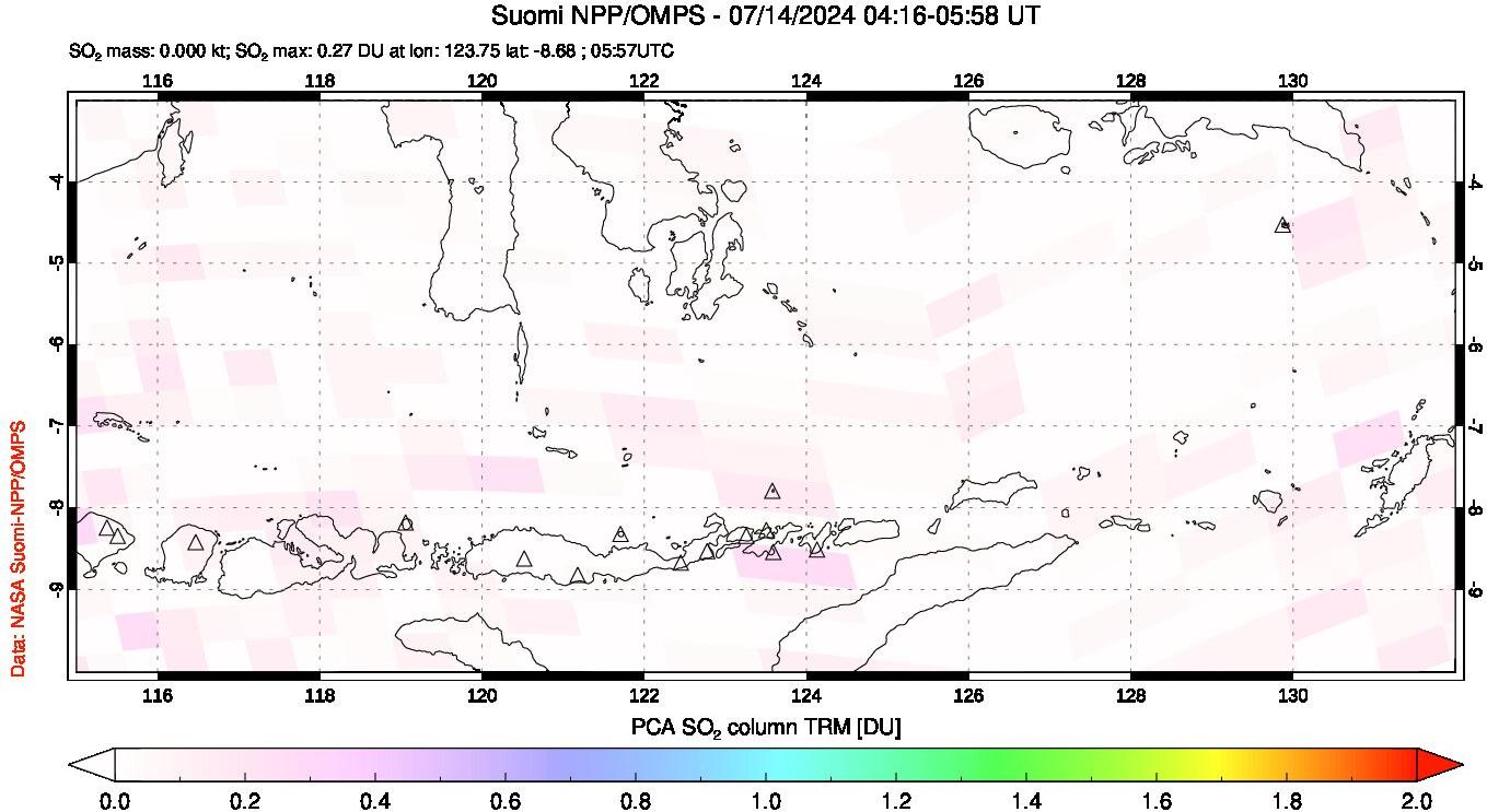 A sulfur dioxide image over Lesser Sunda Islands, Indonesia on Jul 14, 2024.