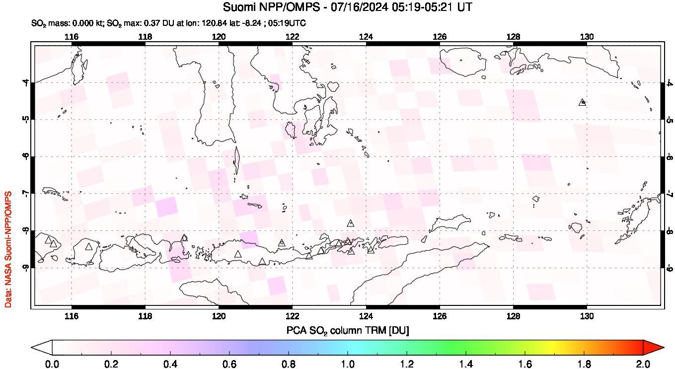 A sulfur dioxide image over Lesser Sunda Islands, Indonesia on Jul 16, 2024.