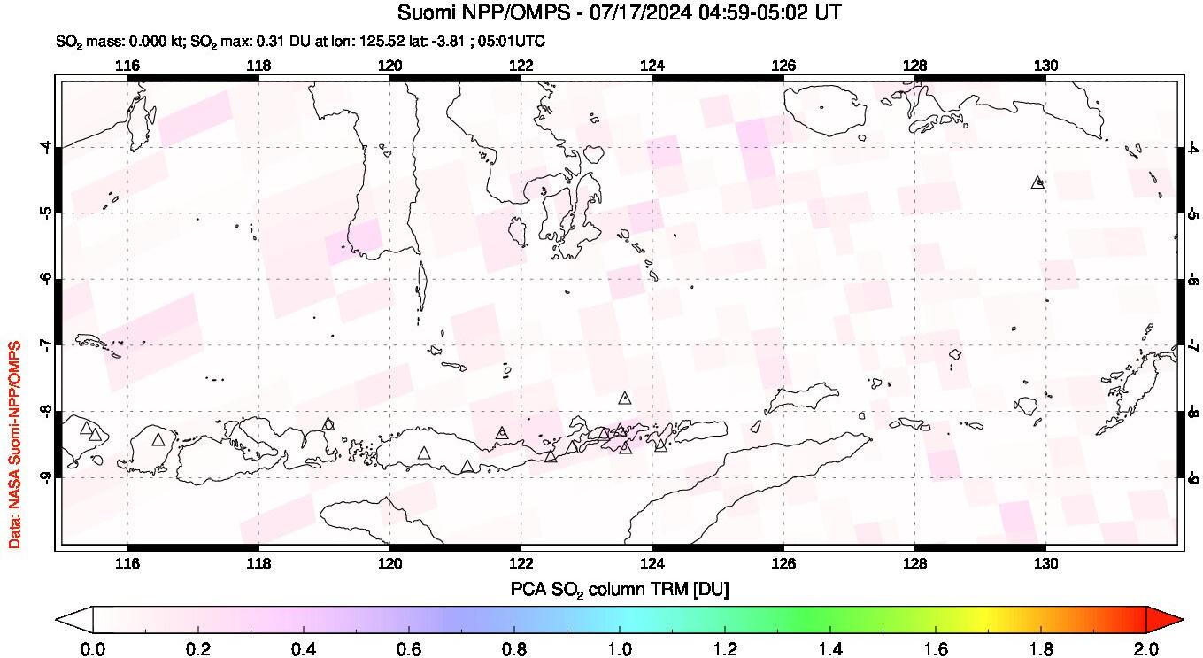 A sulfur dioxide image over Lesser Sunda Islands, Indonesia on Jul 17, 2024.