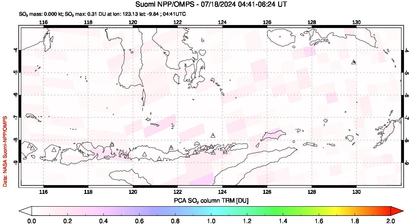 A sulfur dioxide image over Lesser Sunda Islands, Indonesia on Jul 18, 2024.