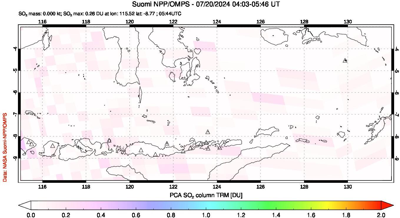 A sulfur dioxide image over Lesser Sunda Islands, Indonesia on Jul 20, 2024.