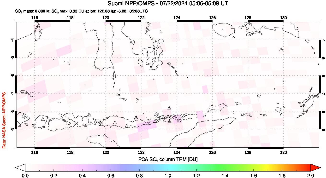 A sulfur dioxide image over Lesser Sunda Islands, Indonesia on Jul 22, 2024.