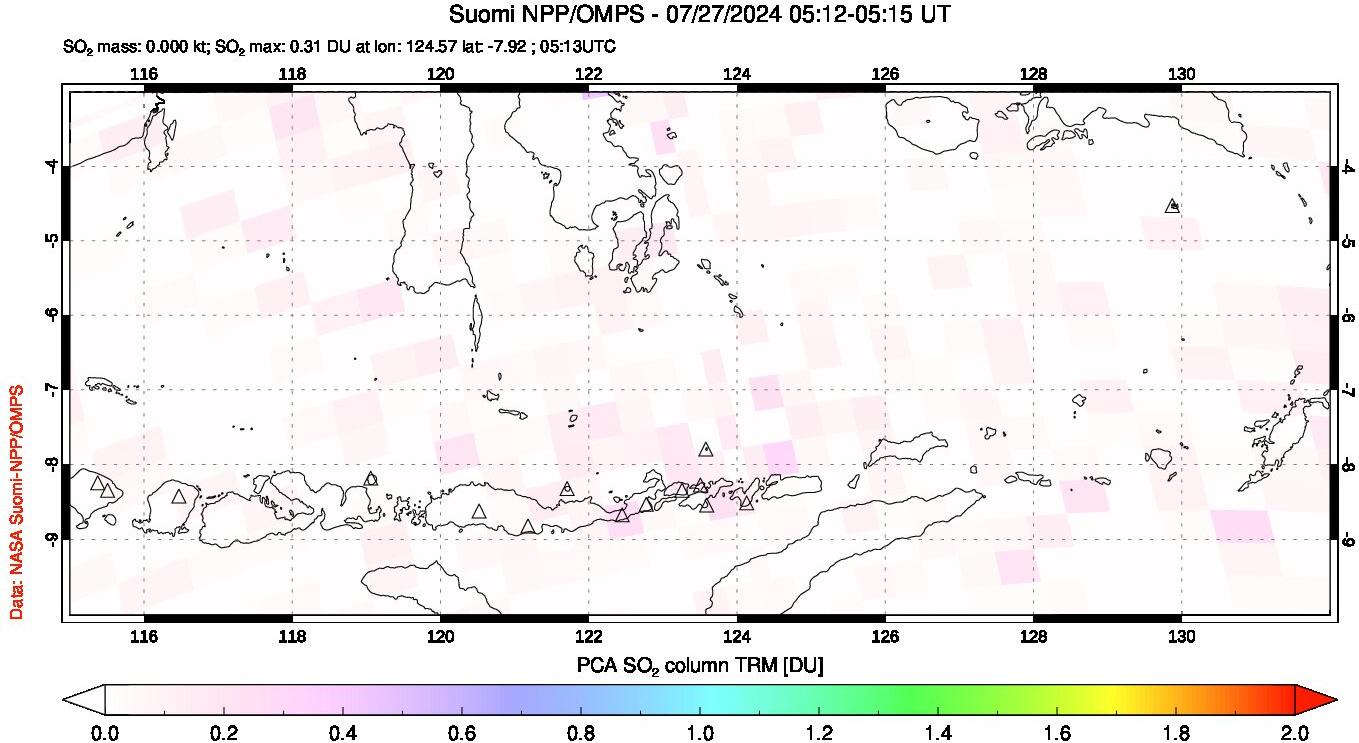 A sulfur dioxide image over Lesser Sunda Islands, Indonesia on Jul 27, 2024.