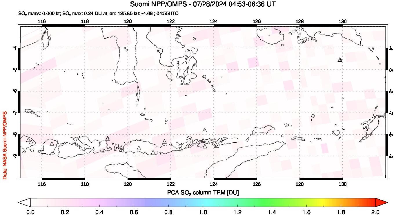 A sulfur dioxide image over Lesser Sunda Islands, Indonesia on Jul 28, 2024.