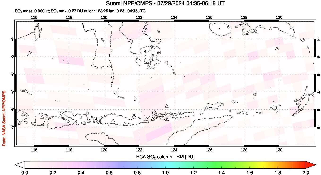 A sulfur dioxide image over Lesser Sunda Islands, Indonesia on Jul 29, 2024.