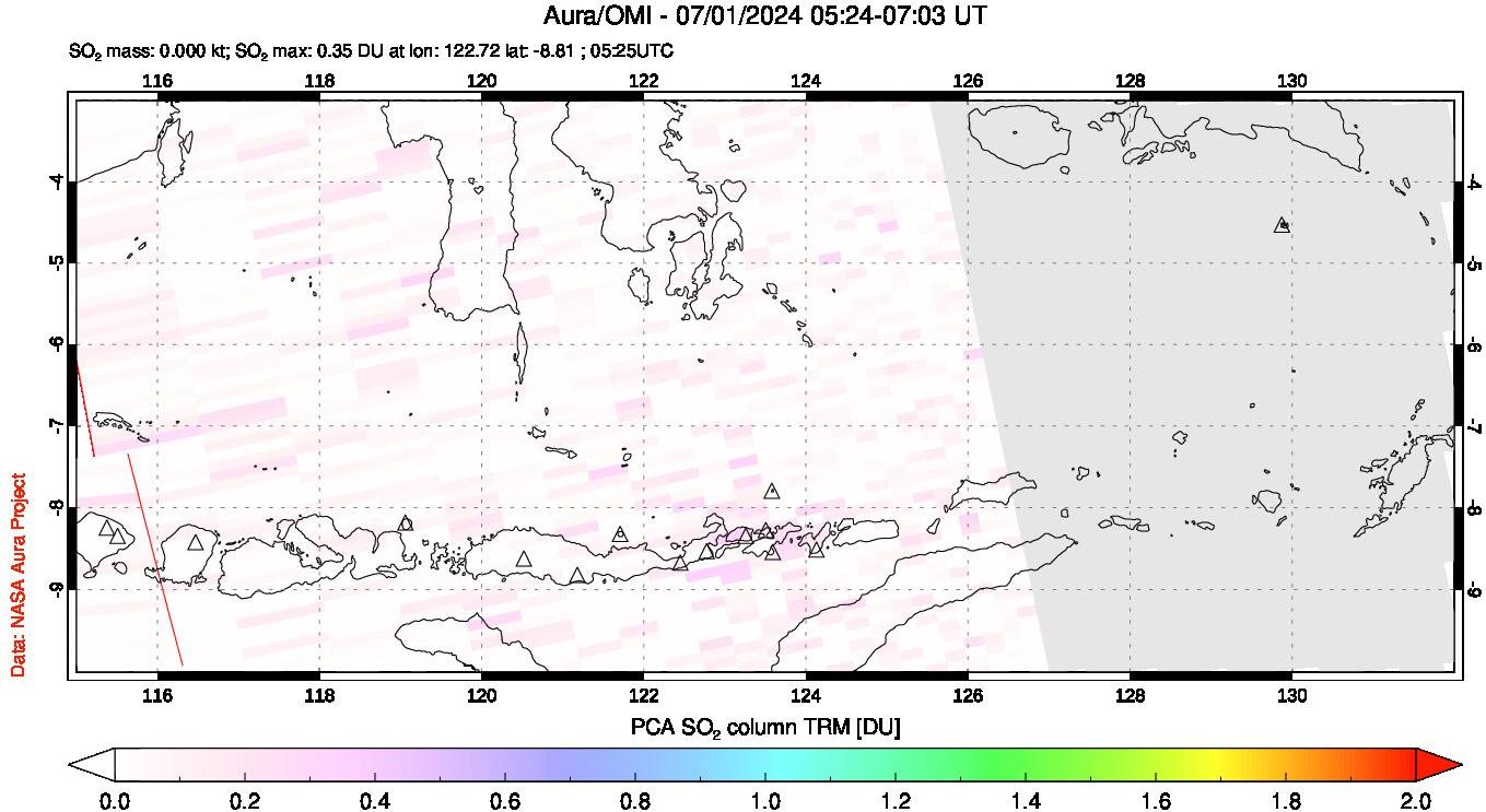 A sulfur dioxide image over Lesser Sunda Islands, Indonesia on Jul 01, 2024.