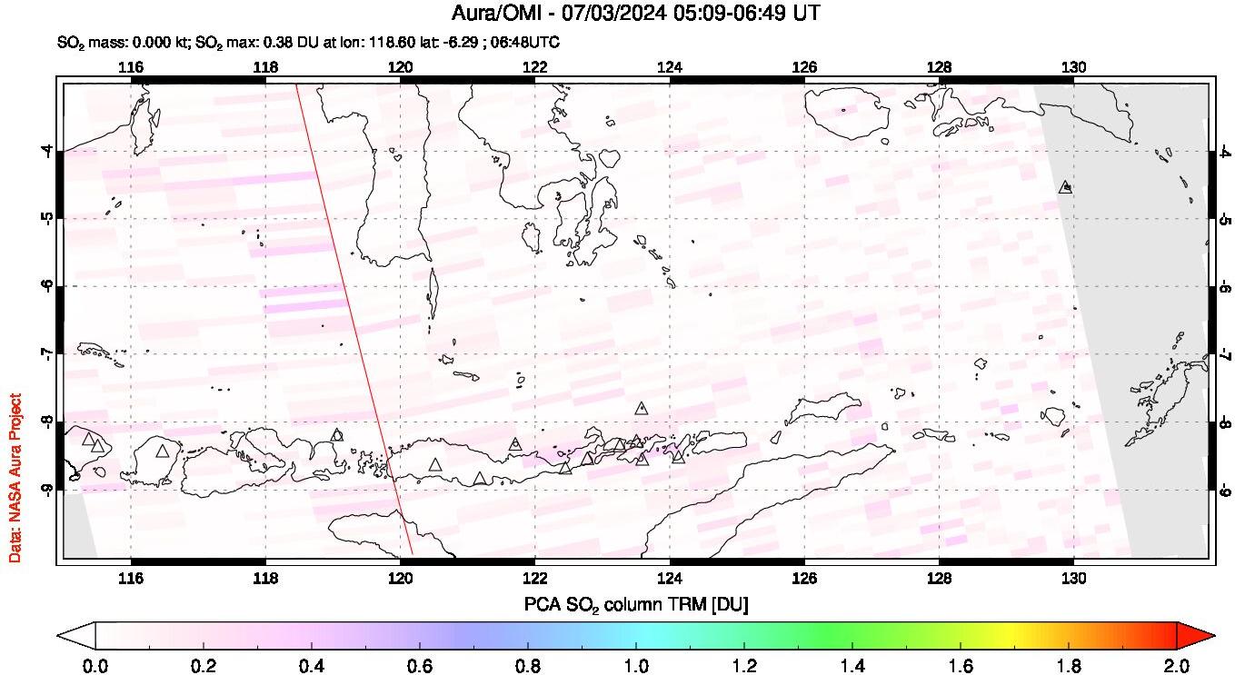 A sulfur dioxide image over Lesser Sunda Islands, Indonesia on Jul 03, 2024.