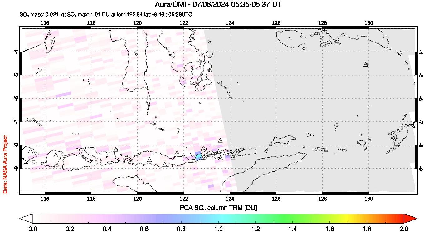 A sulfur dioxide image over Lesser Sunda Islands, Indonesia on Jul 06, 2024.