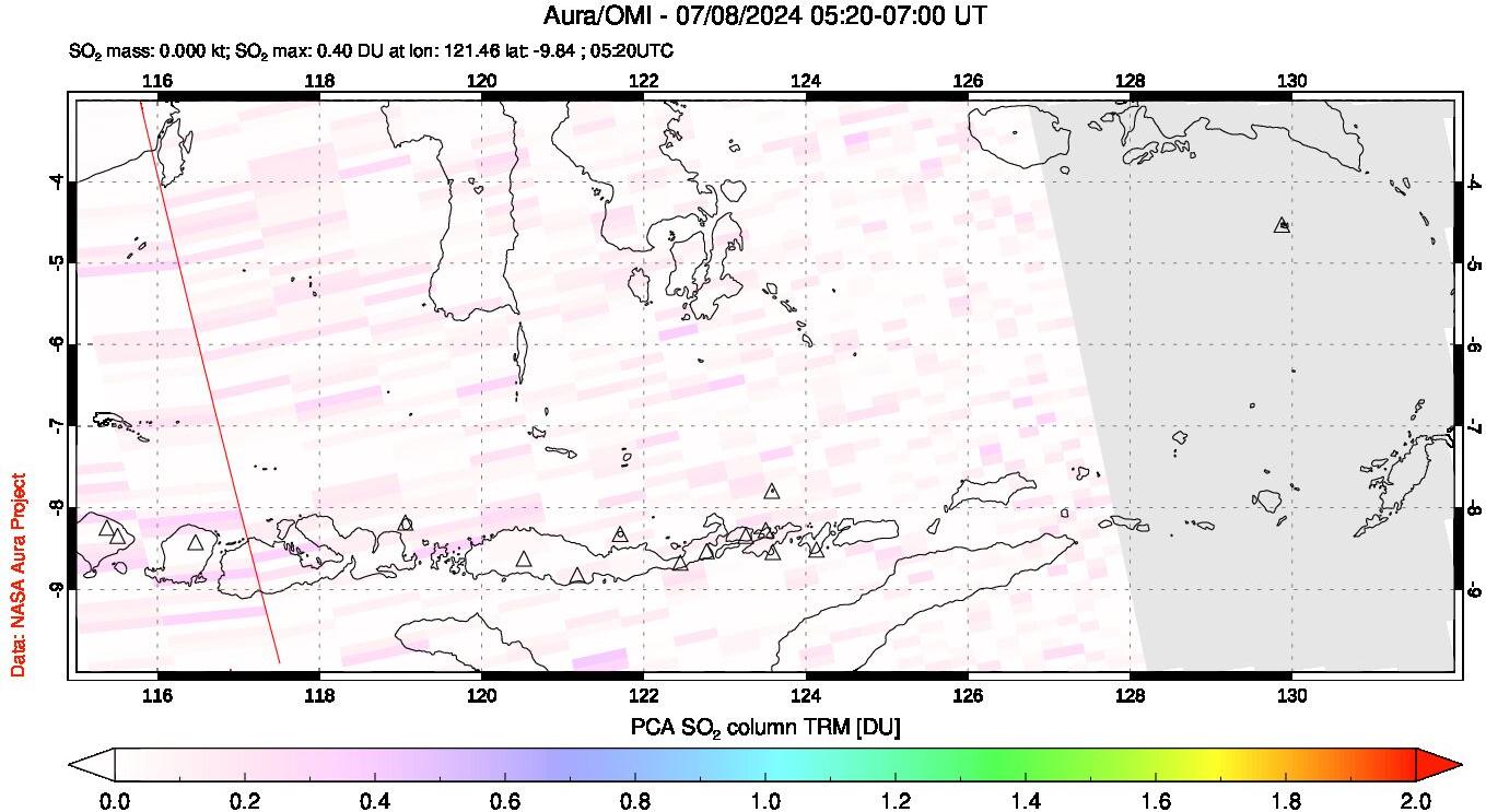 A sulfur dioxide image over Lesser Sunda Islands, Indonesia on Jul 08, 2024.