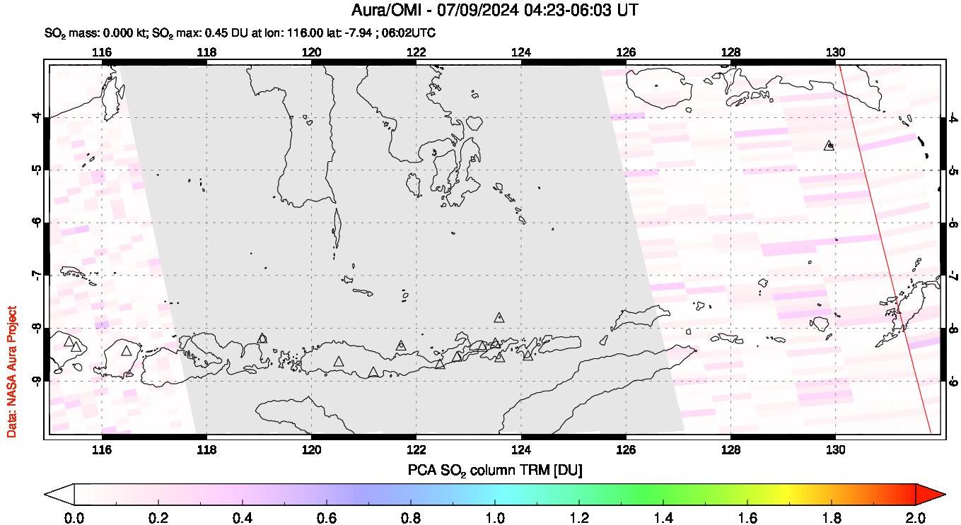 A sulfur dioxide image over Lesser Sunda Islands, Indonesia on Jul 09, 2024.