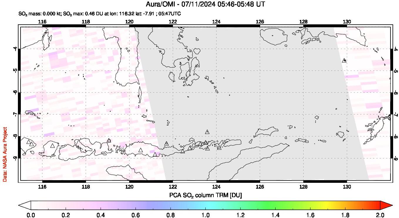 A sulfur dioxide image over Lesser Sunda Islands, Indonesia on Jul 11, 2024.