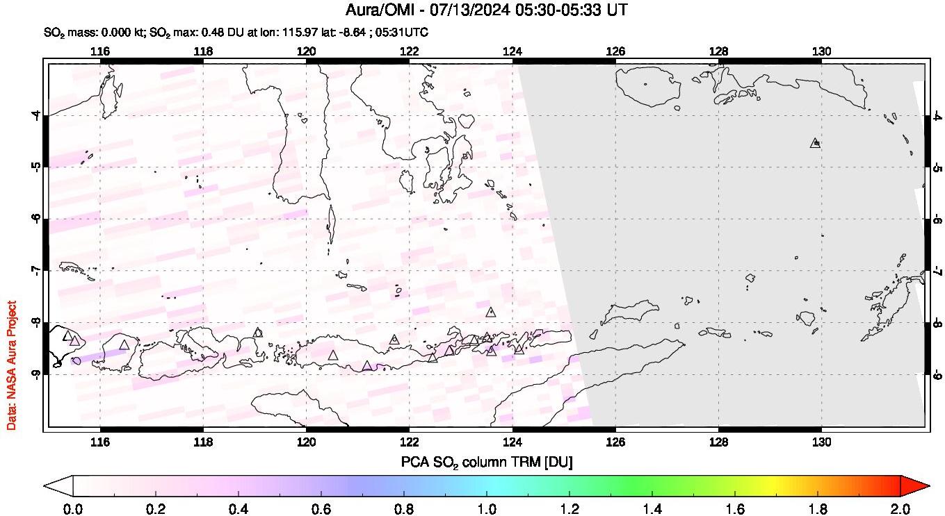 A sulfur dioxide image over Lesser Sunda Islands, Indonesia on Jul 13, 2024.