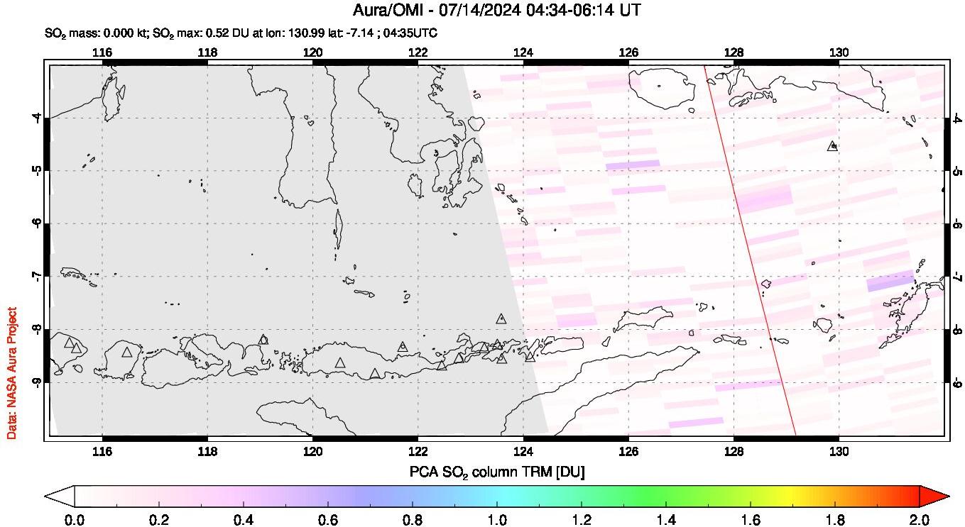 A sulfur dioxide image over Lesser Sunda Islands, Indonesia on Jul 14, 2024.