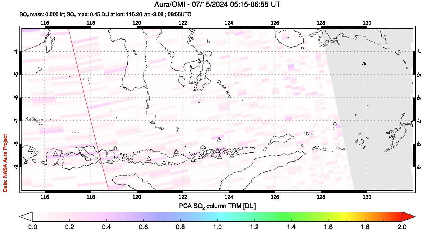 A sulfur dioxide image over Lesser Sunda Islands, Indonesia on Jul 15, 2024.