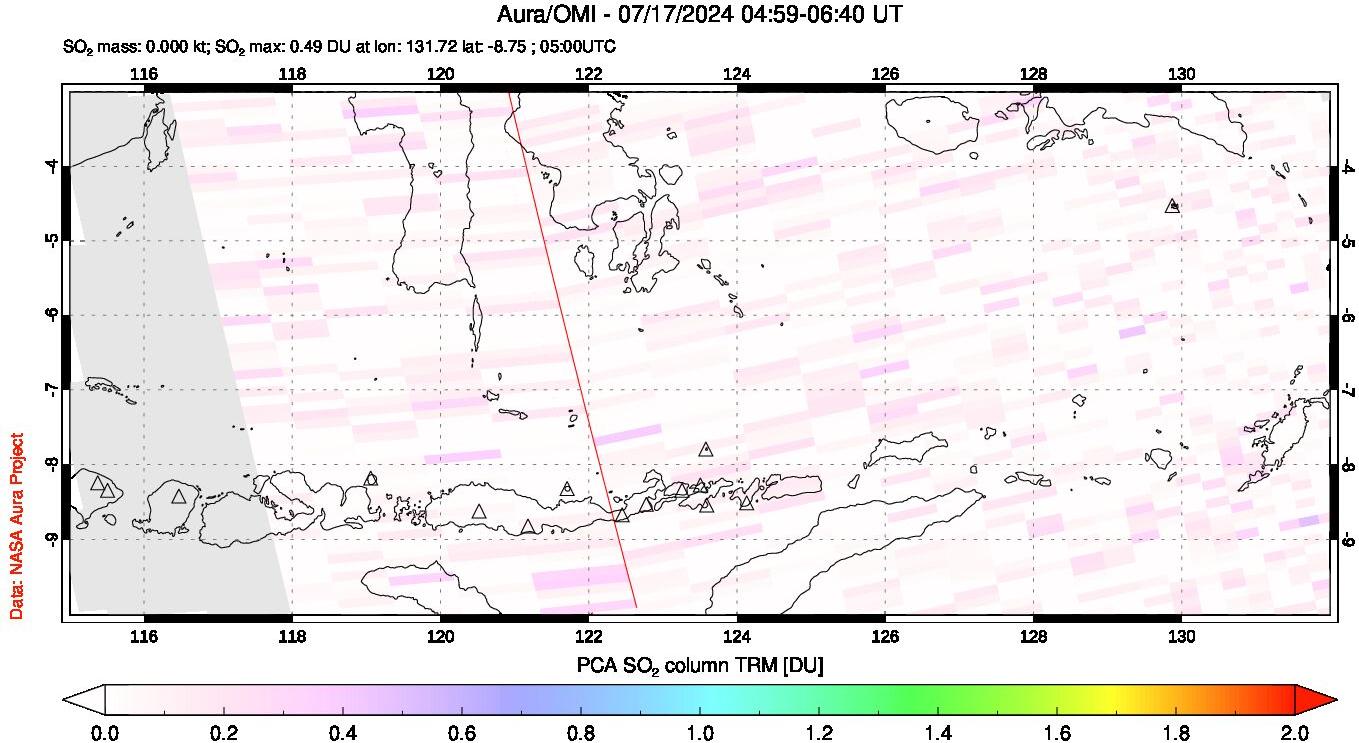 A sulfur dioxide image over Lesser Sunda Islands, Indonesia on Jul 17, 2024.