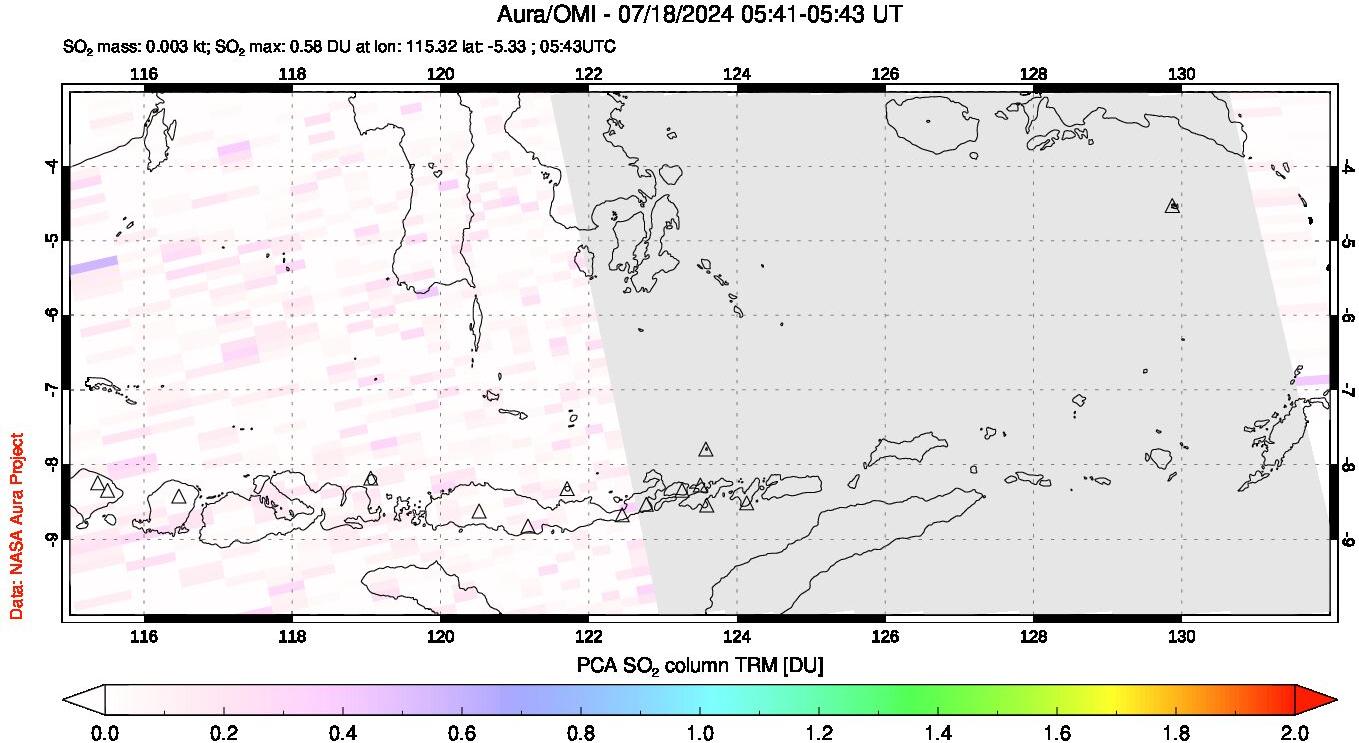 A sulfur dioxide image over Lesser Sunda Islands, Indonesia on Jul 18, 2024.