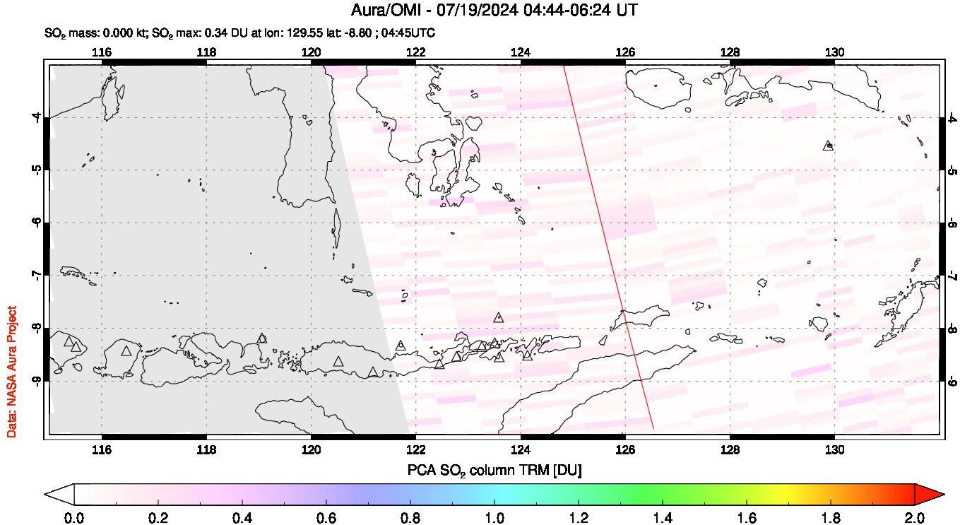 A sulfur dioxide image over Lesser Sunda Islands, Indonesia on Jul 19, 2024.