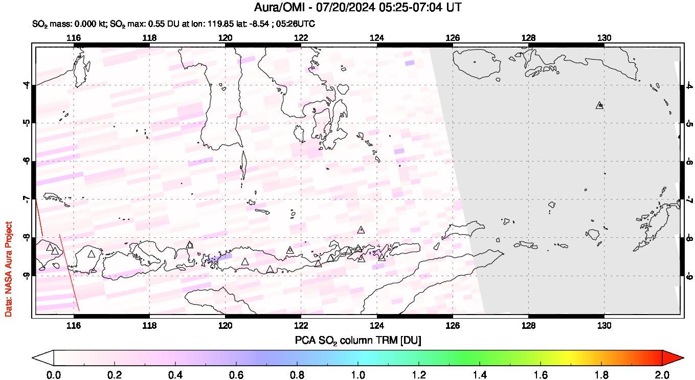 A sulfur dioxide image over Lesser Sunda Islands, Indonesia on Jul 20, 2024.