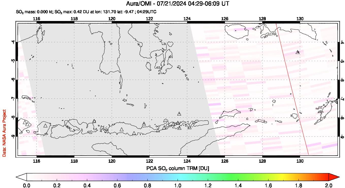 A sulfur dioxide image over Lesser Sunda Islands, Indonesia on Jul 21, 2024.