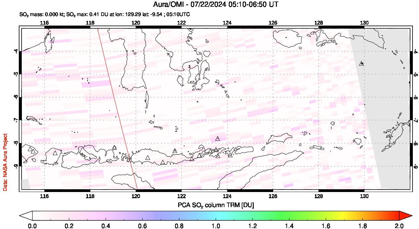 A sulfur dioxide image over Lesser Sunda Islands, Indonesia on Jul 22, 2024.