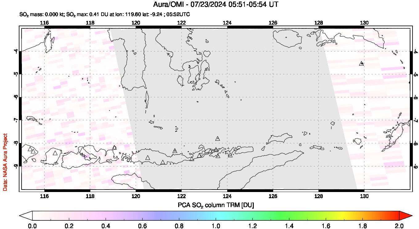 A sulfur dioxide image over Lesser Sunda Islands, Indonesia on Jul 23, 2024.