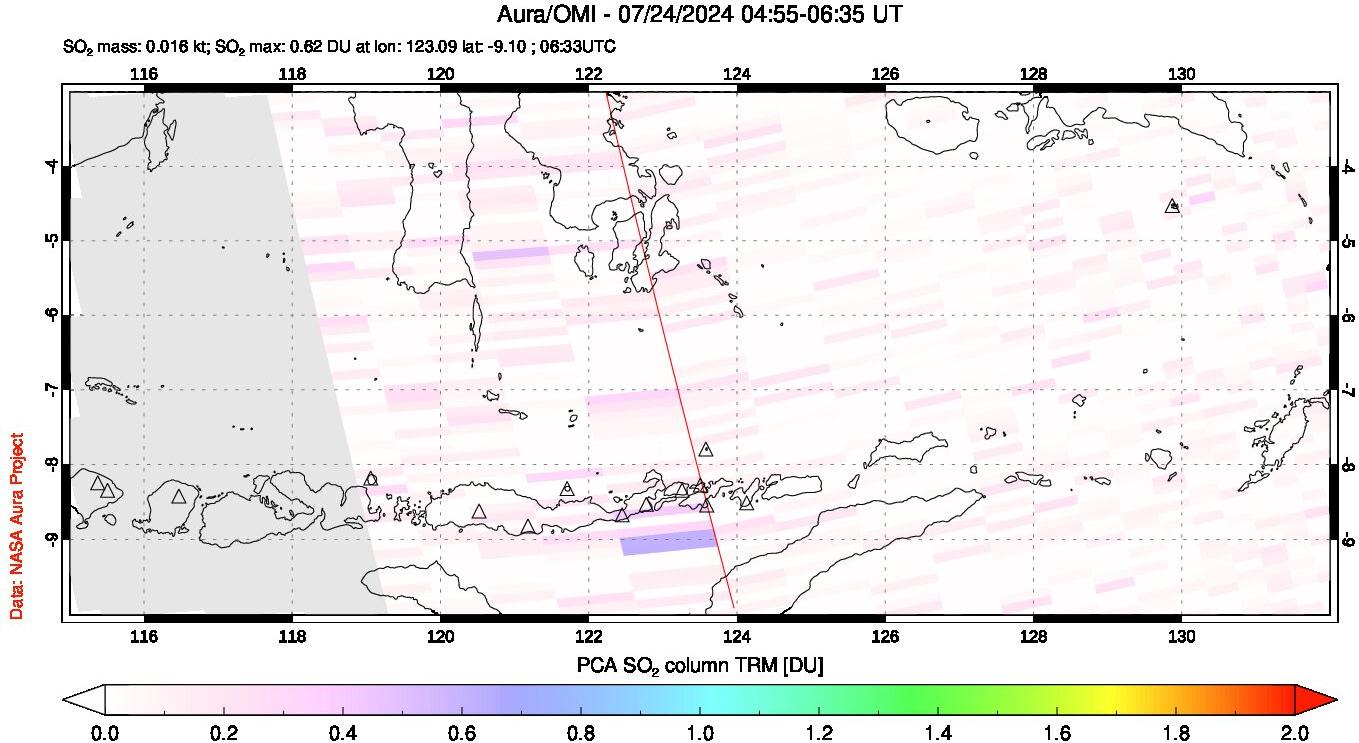 A sulfur dioxide image over Lesser Sunda Islands, Indonesia on Jul 24, 2024.