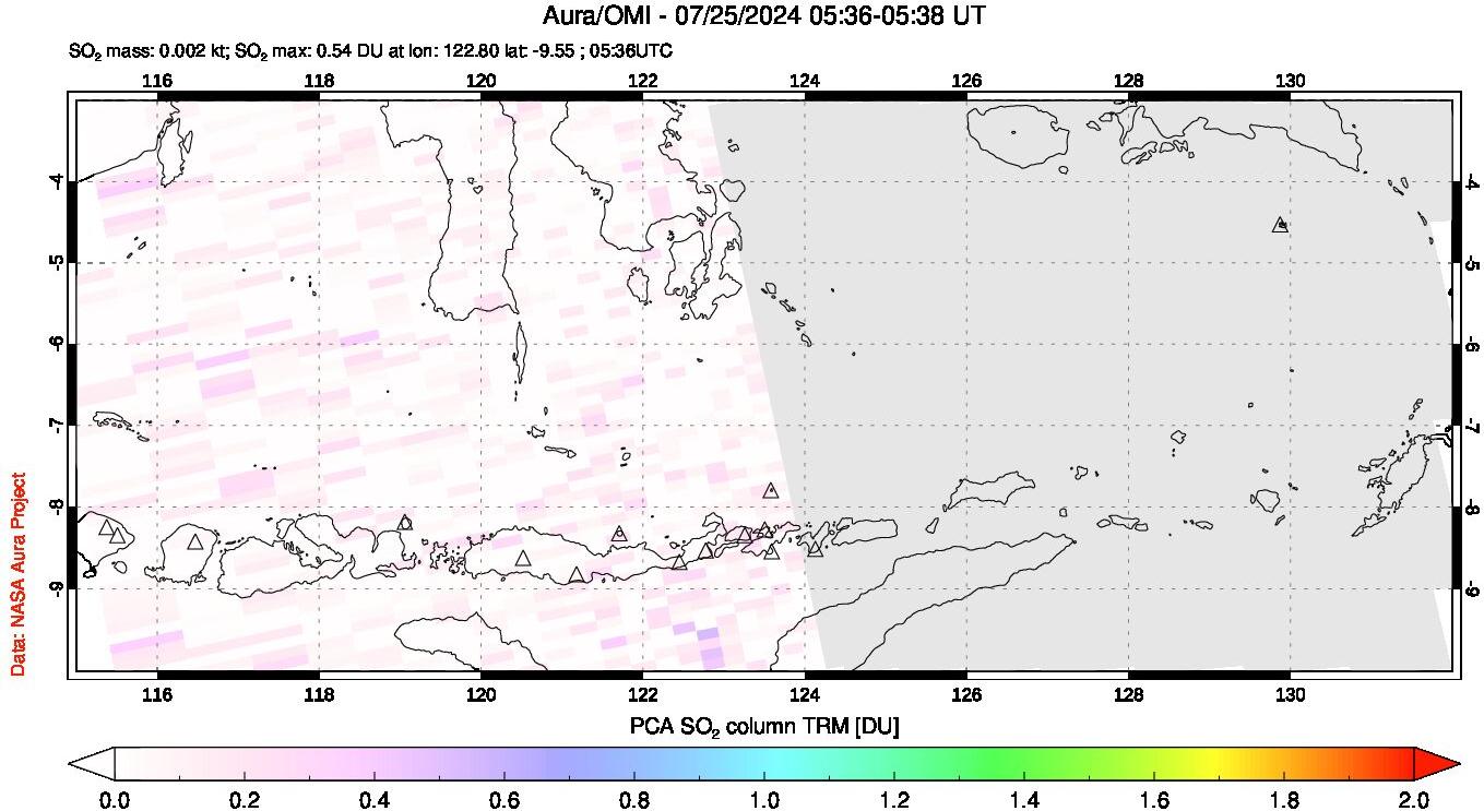 A sulfur dioxide image over Lesser Sunda Islands, Indonesia on Jul 25, 2024.