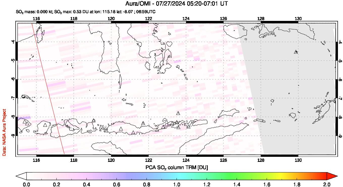 A sulfur dioxide image over Lesser Sunda Islands, Indonesia on Jul 27, 2024.