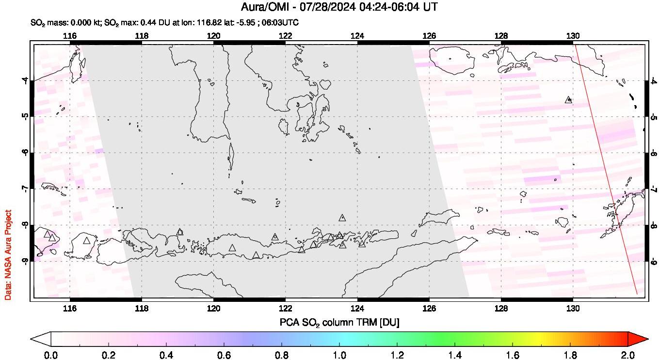 A sulfur dioxide image over Lesser Sunda Islands, Indonesia on Jul 28, 2024.